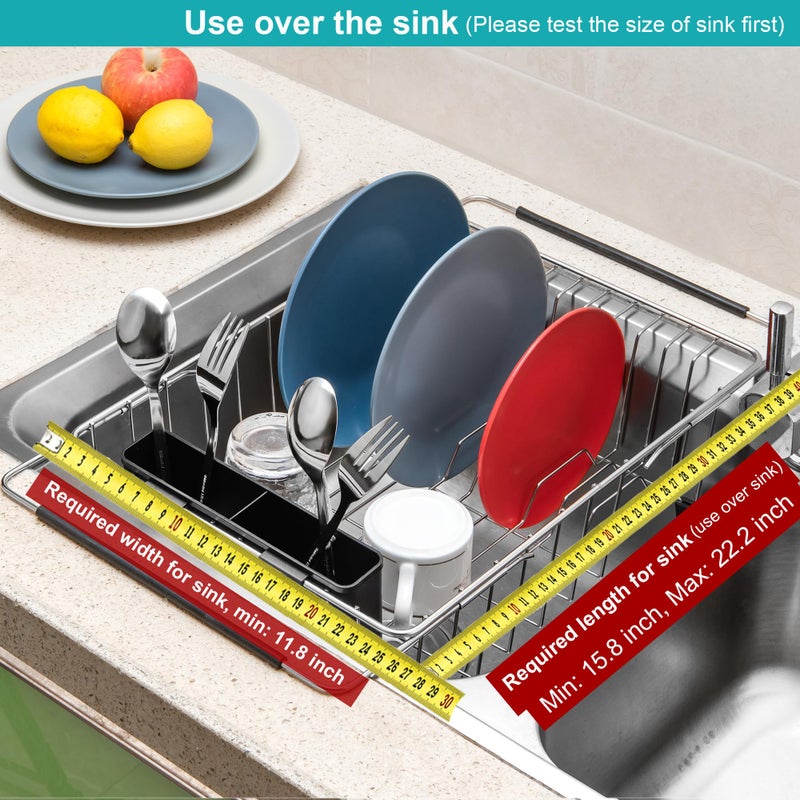 iPEGTOP Expandable Multifunctional Dish Drying Rack, Over The Sink, in Sink Or On Counter Dish Drainer Basket Shelf with Black Utensil Silverware Holder, Rustproof Stainless Organizer - Image 4